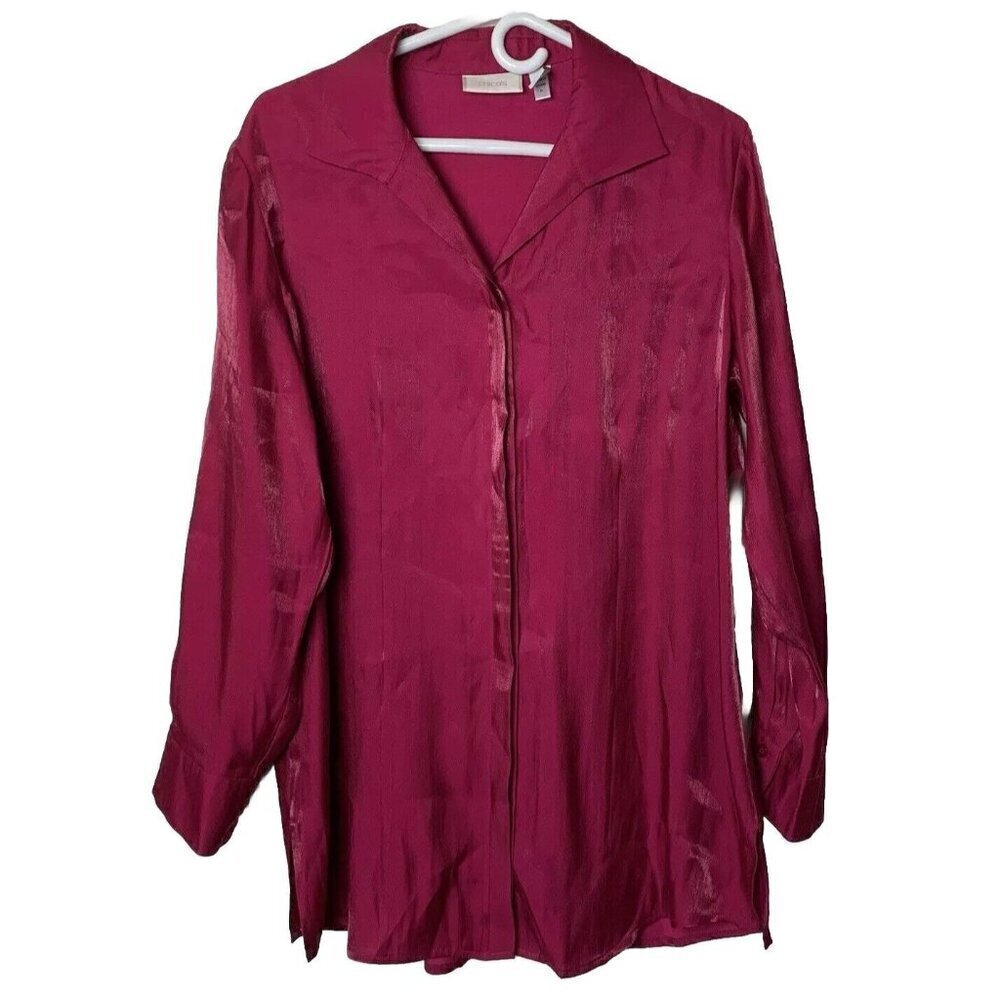 Chico’s 2 Medium 12 Shimmery Shine Button Long Sleeve Tunic Top Fuchsia Pink